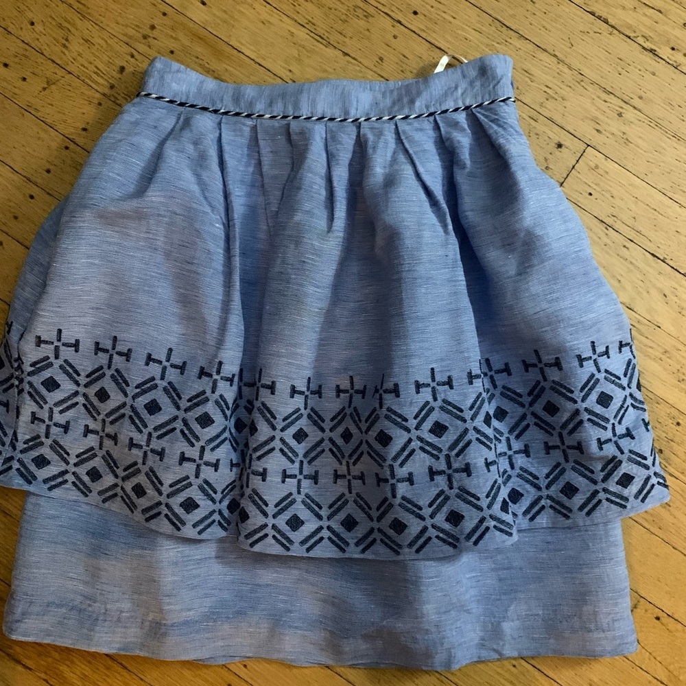 Anthropologie Blue A-Line Skirt with Navy Embroidery